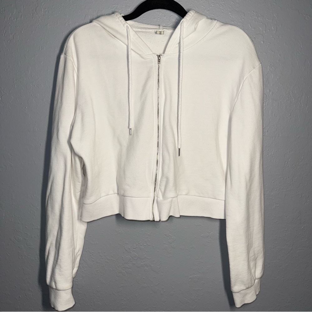 Women's White Zip-Up Cropped Hoodie Jacket